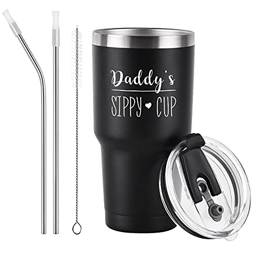 Gifts for Dad, Daddy’s Sippy Cup Stainless Steel Travel Tumbler, Father’s Day Birthday Gift for Dad Daddy Father Papa Men, Dad Gifts from Daughter Son, 30 Oz Insulated Travel Tumbler with Straw, Black