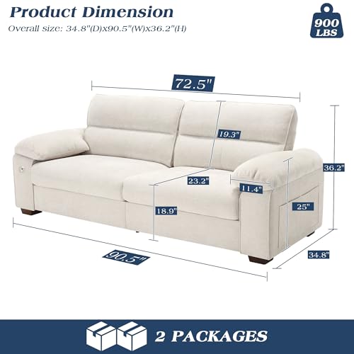 Image of WorthFurni Sofas for Living Room, Chenille Pillow-Armrest Loveseat Couch Set, Small Sofa, 3 Seater Sofa, USB Charging, Removable Sofa Cover, Solid Wood Frame, Easy to Install (90.5 inch, Beige)