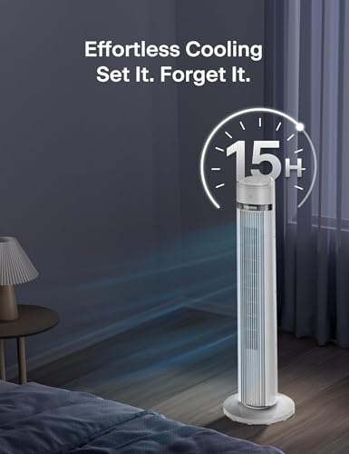 Image of PELONIS 40 inch Bladeless Tower Fan for Bedroom, Standing Fan with Remote Control, 26ft /s, 90 Oscillation, 3 Speed Settings, 27dB, 3 Modes, 15-Hour Timer, LED Display, Fan that Blows Cold Air, White