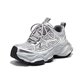 BEAU TODAY Chunky Sneakers for Women,Genuine Leather Platform Sneakers Women, Comfortable Lace-up Walking Tennis Casual Shoes Trendy Dad Fashion Sneakers Sliver US 7.5