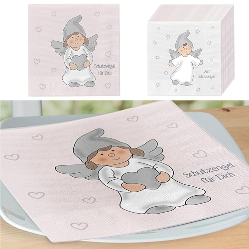Lot de 80 serviettes « Ange gardien » - 33 x 33 cm - 3 couches - Gris-rose - Serviettes avec deux motifs d'anges (1 lot de 80 serviettes « Ange gardien »)