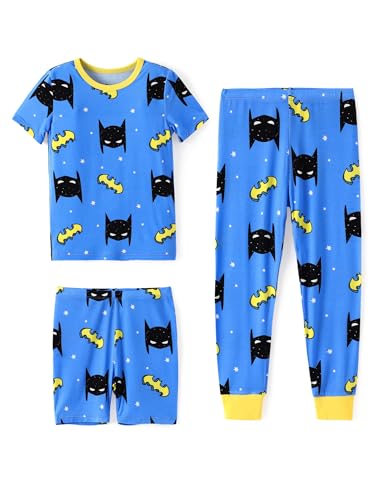 DC Comics Batman Kids Toddler Girls Boys 3-Piece Snug Fit Pjs Short Sleeve Shirt and Pants Pajama Set,Blue 6Y