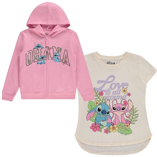 DISNEY Moletom com capuz com zíper Lilo & Stitch para meninas pequenas e grandes tamanhos 4-16, rosa
