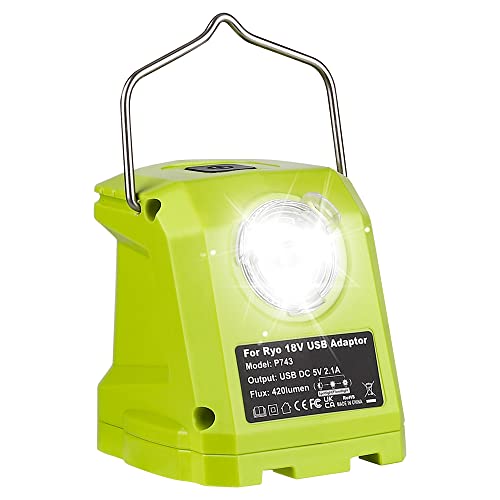 P743 USB Battery Adapter Portable Power Source with 420LM LED Work Light with Hook,Dual USB Phone Charger,Multifunction USB Adaptor Compatible with Ryobi 18V One+ Lithium-ion Battery P107 P108