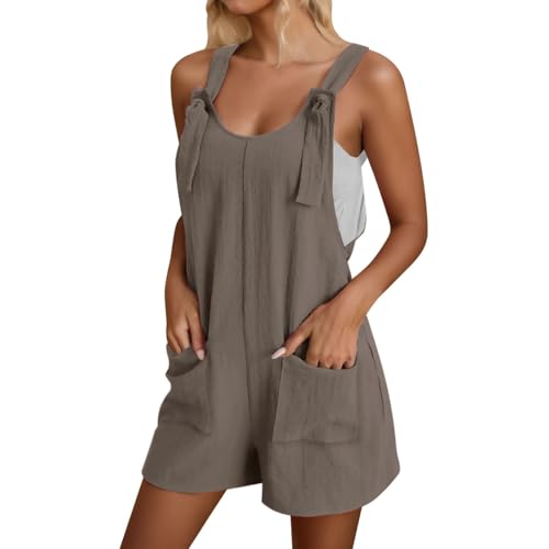 Generisch 2025 Monos Mujer Casual Verano Mono con Pantalones Cortos Correa Ajustable Mono de Pierna Ancha con Bolsillos Mono Playa Mujer, marrón, S