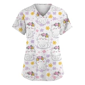 DIYIOUZHOU Infirmiere Professionnelle Tunique Médicale Femme Col en V Manche Courte Uniforme De Travail Blouse Tenue Imprimé Uniforme De Travail d'été Tenue Infirmiere