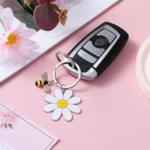 Image of Cute Bee Daisy Keychain, Key Chains for Women, Bag Charm Bee Keychain with Floral Design, Metal Keyrings for Keys and Bags, Personalized for Everyday Use, 10 cm x 5 cm