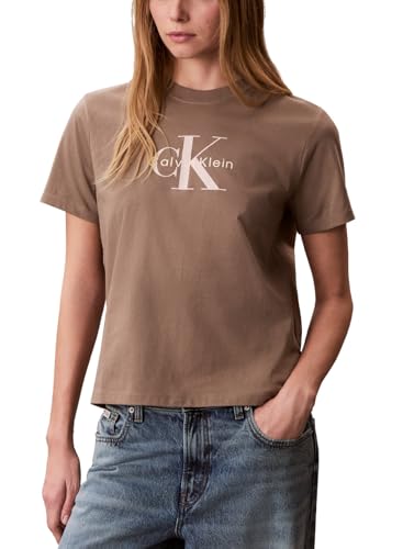 La Mejor Lista de Playera Mujer disponible en línea. 48 Calvin Klein - Playera de Cuello Redondo con Logotipo Monograma para Mujer, Nogal, Large