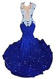 Engerla Applique Crystal Mermaid Evening Dress Sequins Prom Dress Celebrity Pageant Dress Church Train US24 Royal Blue