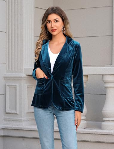 Women's Velvet Blazer Long Sleeve Open Front Button Jacket Outwear with Pockets2