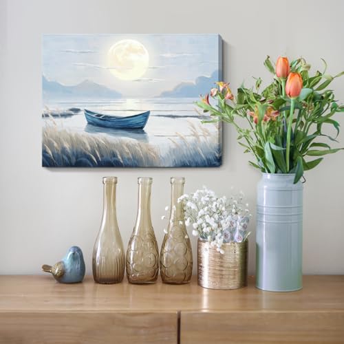 amatop Coastal Bathroom Wall Art Blue Beach Nautical Ocean Nature Canvas Picture with Boat Moon Lake Mountain Sea Relaxing Serene Landscape Gallery Wrapped Artwork for Modern Home Bedroom Decor 16x12 - Image 2