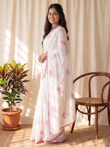 Image of AKHILAM Women's Shimmer Off White Chanderi Cotton Floral Hand Paint Embroidered Lace work Saree With Unstitched Blouse Piece | saree for woman | Designer Saree for Women | Soft and Skin Friendly