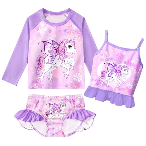 Image of Girls Kids Rash Guard Sets 3 Pieces Tankini Bathing Suit Swimwear Long Sleeves Swimsuit for 3-8 Years