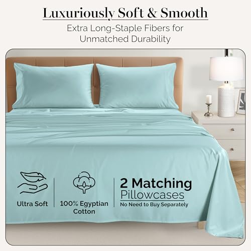 Casa Platino 100% Egyptian Cotton Sheets Twin Size Set - 4 Pcs (1 Flat, 1 Fitted, 2 Pillowcases)- Ultra Smooth Sateen Weave Bed Sheets Set with 15" Deep Pockets - Blue Sky