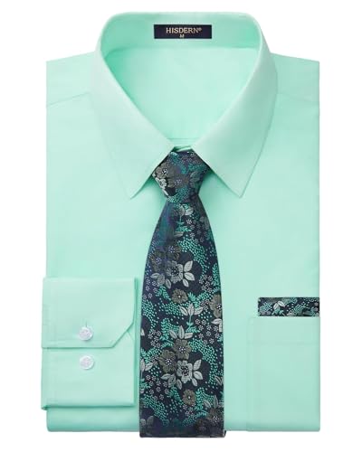 Image of HISDERN Mens Dress Shirt with Tie Pocket Square Set Classic Button Down Shirt Matching Tie Long Sleeve Shirts