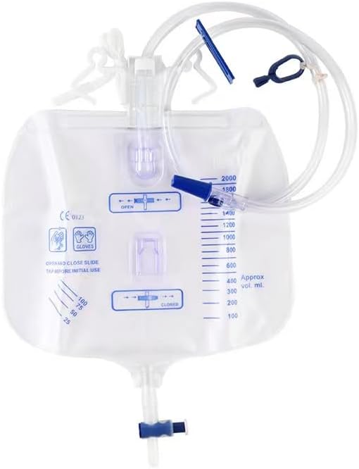 Paquete de 5 bolsas de drenaje urinario con cámara antirreflujo, bolsa de orina para adultos con volumen de 67.6 fl oz, bolsa urinaria profesional
