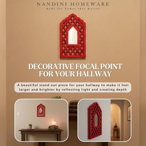 Image of Handcrafted Traditional Red Mughal MDF Wooden Mirror Jharokha Wall Art | Mughal-Inspired Boho Vintage Style Decorative Wall Hanging for Living Room & Home Interiors (Red Mughal)