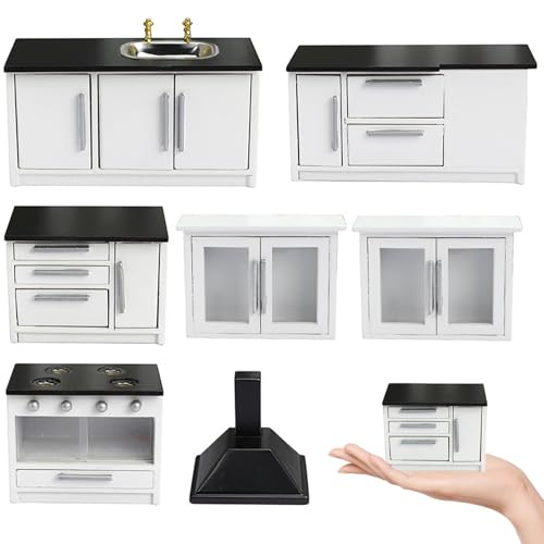Dollhouse Kitchen, 7pcs/Set Dollhouse Muebles Conjunto de Muebles 1 12 Escala de Casas de muñecas de Madera, simulación Accesorios de casa de muñecas en Miniatura.