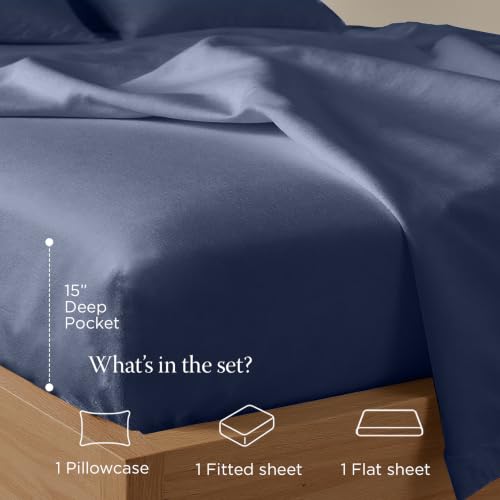 Image of Threadmill 300TC Cotton Twin Sheet Set, Sateen, Solid, Folkstone Blue | 100% Cotton, Sateen Weave, 3-Piece Set, 16 inch Deep Pocket, Cooling, Breathable, OEKO-TEX Certified, Machine Washable