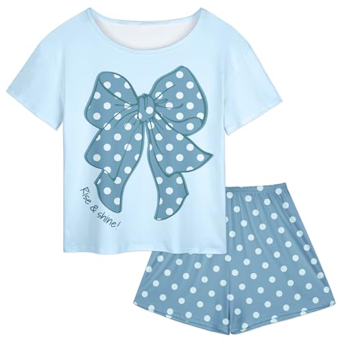 Beinou Girls Pajamas for Kids 2Pcs Pjs Girls Summer Pajama Sets Short Sleeve Top and Shorts for Teen Clothes Size 4-15 Blue 12-13Y