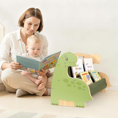 Image of Toddler Bookshelf Double-Sided with 4 Tier Deep Sleeves Kids Wooden Montessori Book Rack for Baby Nursery Room, Playroom, Classroom or Bedroom Bookcase Storage Organizer, Green Dinosaur