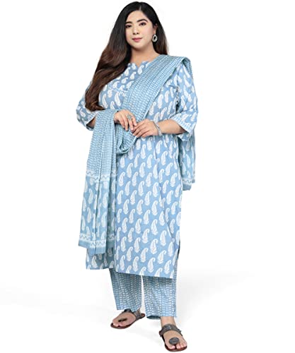 Image of MIRCHI FASHION Pure Cotton Plus Size Straight Kurta Set with Dupatta | 3 Piece Summer Ethnic Kurta Pant Set | Office Wear Salwar Suit for Women