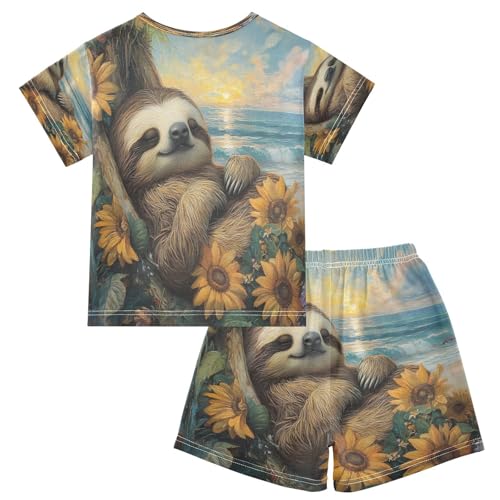 ALAZA Sloth Ocean Beach Sunflower Pajamas Set Short Sleeve Cotton Sleepwear Summer Pjs 2 Piece 5-14Y2