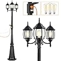 PARTPHONER Outdoor Lamp Post Light with GFCI Outlet, 3-Head Classic Black Light Pole with Glass Panels (3 LED Bulbs Included), Aluminum Waterproof Outside Street Light for Backyard Garden Driveway