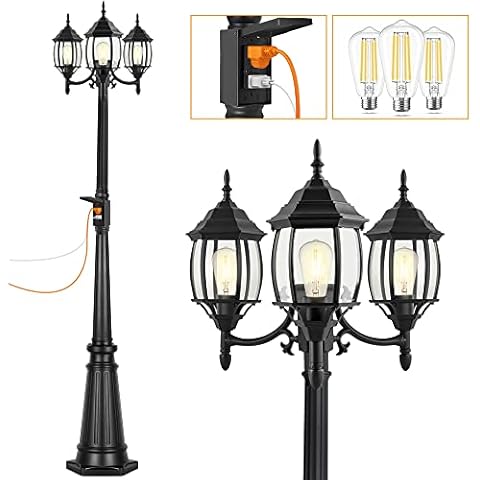 PARTPHONER Outdoor Lamp Post Light with GFCI Outlet, 3-Head Classic Black Light Pole with Glass Panels (3 LED Bulbs Included), Aluminum Waterproof Outside Street Light for Backyard Garden Driveway Cover