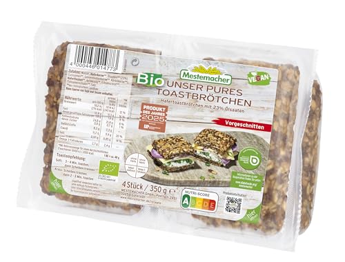 Mestemacher Bio Pures Toastbrötchen vegan Nutri Score A ohne Mehl und ohne Hefe Omega 3 Fettsäuren Lieferant für Diabetiker geeignet vorgeschnitten 4 Stück 350 g