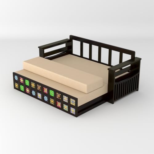 Image of Solid Sheesham Wood Sofa Cums Bed with Mattress & Storage | Rosewood Convertible Sofa Bed for Living Room & Bedroom (F-Walnut, 3 Seater)