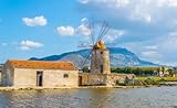 adrium Cuadro de aluminio compuesto de 100 x 60 cm: vista de un molino de viento en la reserva natural Saline di Trapani y Paceco cerca de Trapani, Sicilia, Italia (125722322)