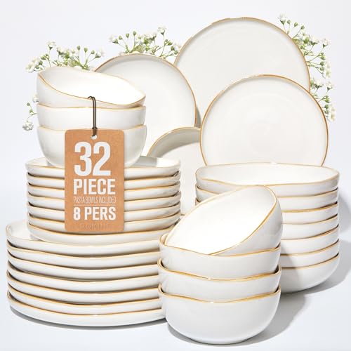 Image of Pokini 32 Piece White Dinnerware Set with Pasta Bowls, Reactive Glaze Stoneware for 8 | Perfect for Multi‑Course Dinners, Hosting Large Groups, Holiday Serving Needs