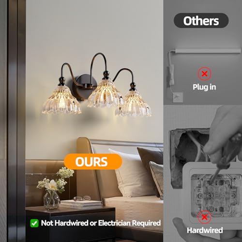 Image of camuucci Battery Bathroom Light Fixtures 10000mAh Rechargeable 3-Light Black Modern Vanity Lights Indoor Not Hardwired with Remote Control Wall Sconce for Mirror Living Room Bedroom(Bulbs Included)