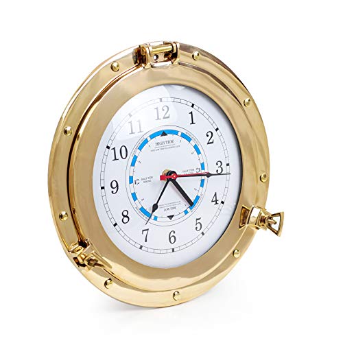 Nagina International 12" Solid Brass Porthole Tide & Time Clocks | Fully Functional Tidal Movement Prediction Clock | Moon Tidal Movement Indicator #TOP3