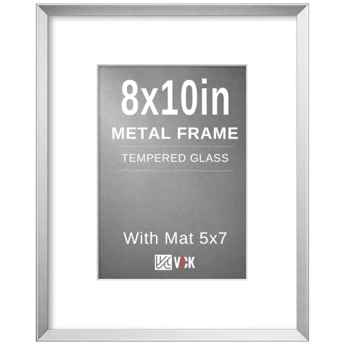 Image of VCK 8x10 Picture Frame Silver, Modern Aluminum Metal Frame with Tempered Glass, Display Photo 5x7 with Mat or 8 by 10 Without, Contemporary Decor for Home, Office, Studio, Wall Hanging or Tabletop