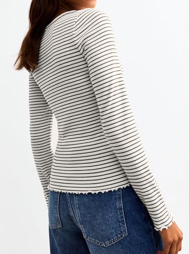 LilyCoco Womens Striped Shirt Ribbed Long Sleeve Crewneck Basic T Shirts2