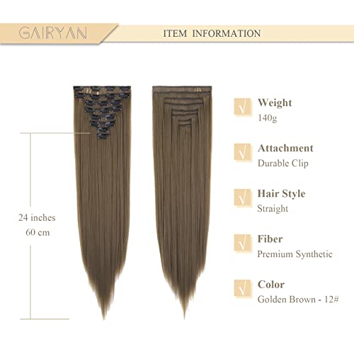 Gairyan 24inch Straight Clip in Hair Extensions Long Full Head Hair Extension 8PCS Synthetic Hairpiece Natural Look for Women (Golden Brown) - Image 2