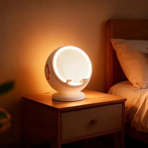 Altavoz inalámbrico blanco con espejo de maquillaje y reloj despertador digital para mesita 6