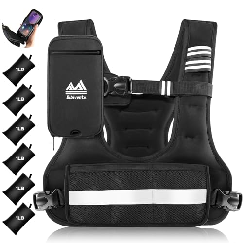 BIBIVENTA Adjustable Weighted Vest, 4-10lb Body Weight Vest with Touchscreen Phone Holder & 6 Ironsand Weights for Women & Men, Workout Equipment for Weight Loss, Fitness, Walking, Running, Cardio, Strength Training
