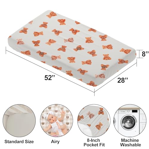 Image of 4 Pack Teddy Bear Crib Sheet Set for Boys or Girls, Neutral Soft Breathable Fitted Checkered Crib Sheet, Bear Nursery Decor for Standard Crib and Toddler Bed Mattresses 28 x 52 in