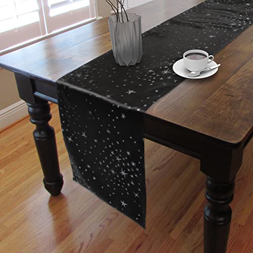 Cait Chapman Home Collection Shimmer Twinkling Stars Black Silver Metallic Woven Table Runner (14”X72”) #TOP24