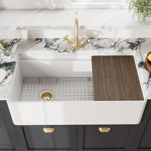 Nuie White Kitchen Sink 36 inch Single Bowl Apron Front Farmhouse Sink with Ledge Grid and Cutting Board Fireclay Ceramic Kitchen Sinks Farmhouse Sinks for Kitchens - 36x19x10 (White)