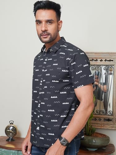 Image of Black Cotton Shirt with White Color Abstract Print | Lightweight Airflow Tech - Advanced breathable weave provides excellent ventilation during hot weather or parties.