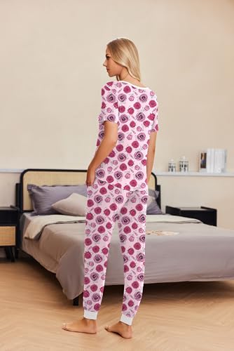 Image of Ekouaer Pajamas for Women Set 2 Piece Fall Lounge Sets Short Sleeve Pjs Joggers Long Pants Sleepwear with Pockets