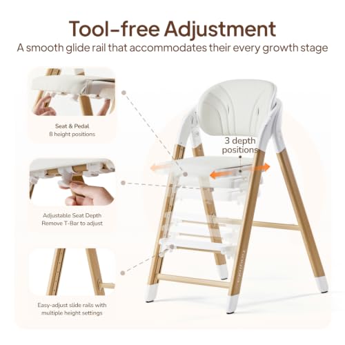 Image of Tinyiota High Chair for Babies and Toddlers, 8-Level Adjustable Foldable Convertible Baby Highchair with Removable Tray, Ergonomic Feeding Chair Transitions from Infant to Adult, Wood-Look Metal