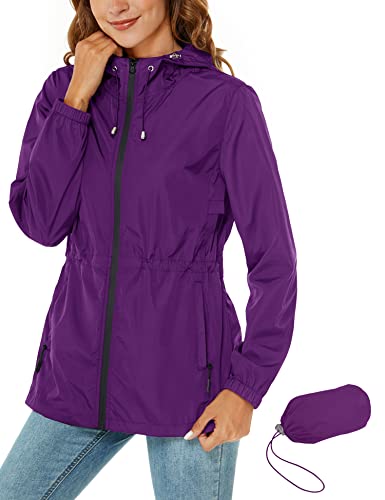 Rapbin Giacca impermeabile da donna, impermeabile, traspirante, leggera, per attività all'aria aperta, impermeabile, con cappuccio, giacca a vento, Lilla, L
