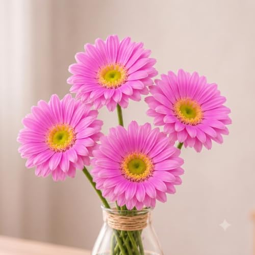 Image of CURATED CART Gerbera Daisy Flowers - Pack of 5 Faux Blooms, 30cm Tall | Real Touch PU Petals with Bendable Green Stems | Artificial Flower Bouquet for Home, Kitchen, Office (No Vase) (Light Piink)