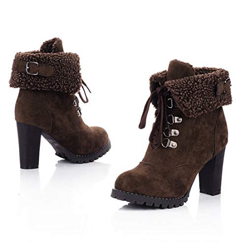 VOKLIN Women's Winter Fur Cuff Ankle Boots Lace Up Round Toe Chunky Block High Heel Warm Dressy Short Booties3