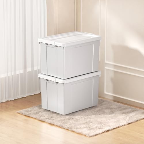 Cetomo 90L*6 Aufbewahrungsboxen, Aufbewahrungsbox mit Rollen & Deckel, Organizer-Behälter mit Clips, Stapelbar, Ineinander Nestbar, für Zuhause und Büro, Kunststoff, Grau, 90L-6er Pack